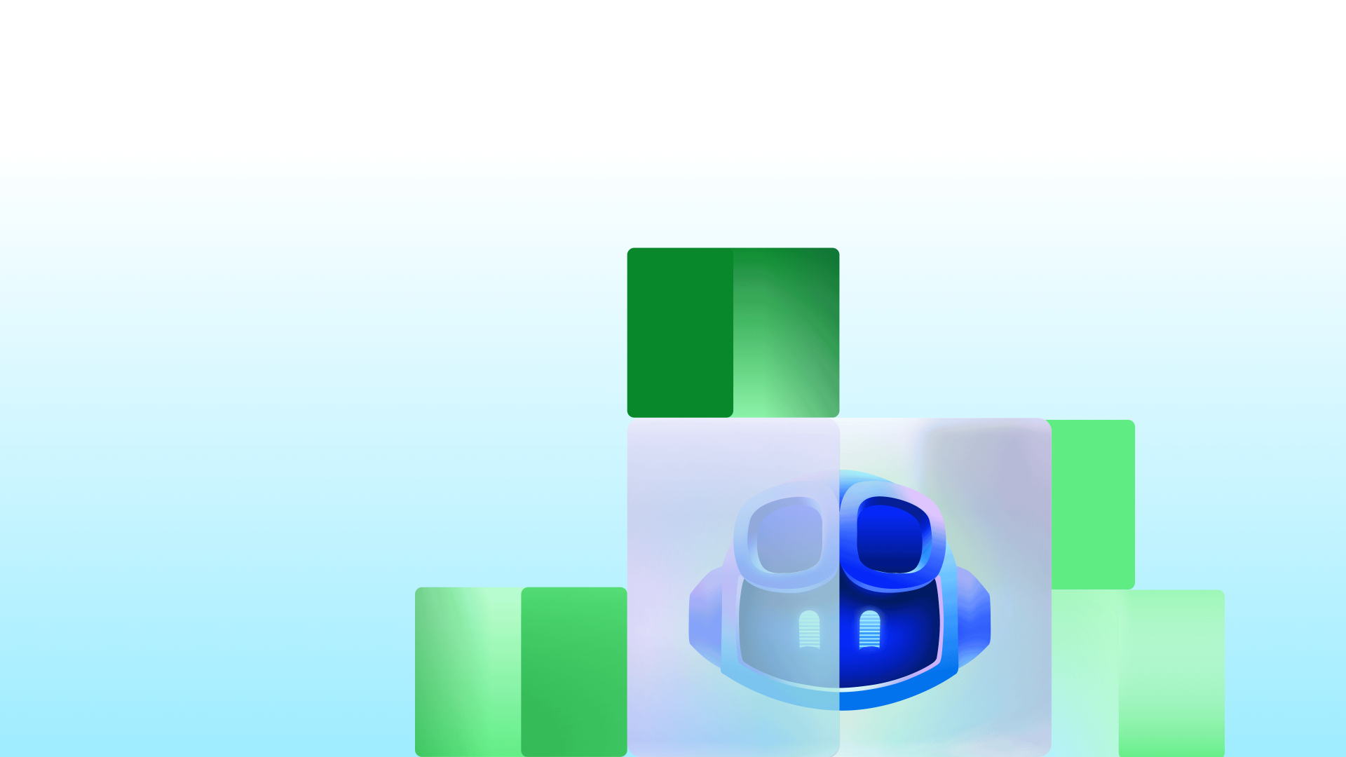 Decorative background featuring Copilot centered among layered green blocks in an abstract layout.