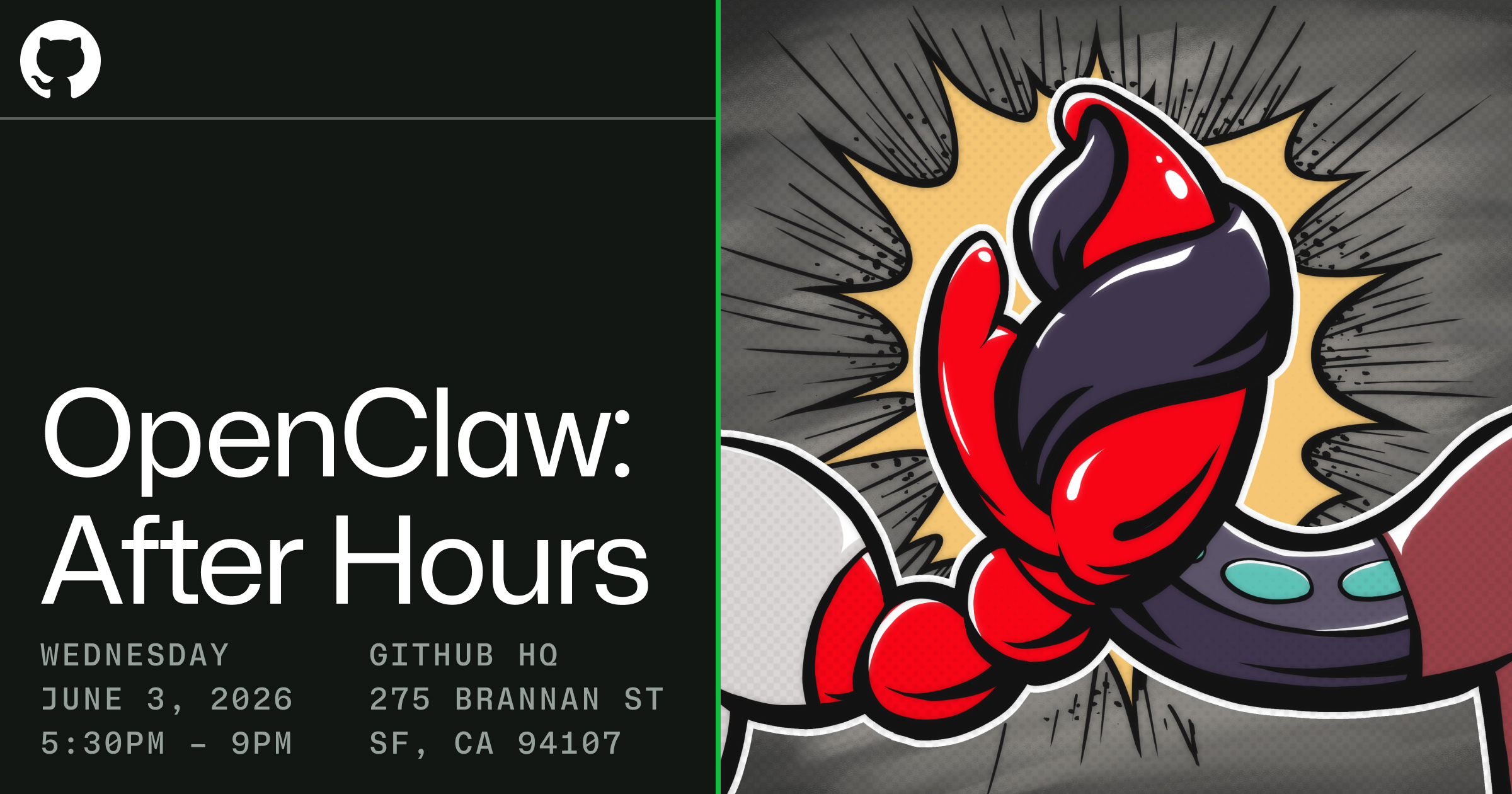 Header image with an Octocat tentacle and an OpenClaw claw shaking hands. Information about the OpenClaw: After hours is included 'Wednesday, June 3, 2026, 5:30-9 PM. GitHub HQ, 275 Brannan St., SF, CA 94107'