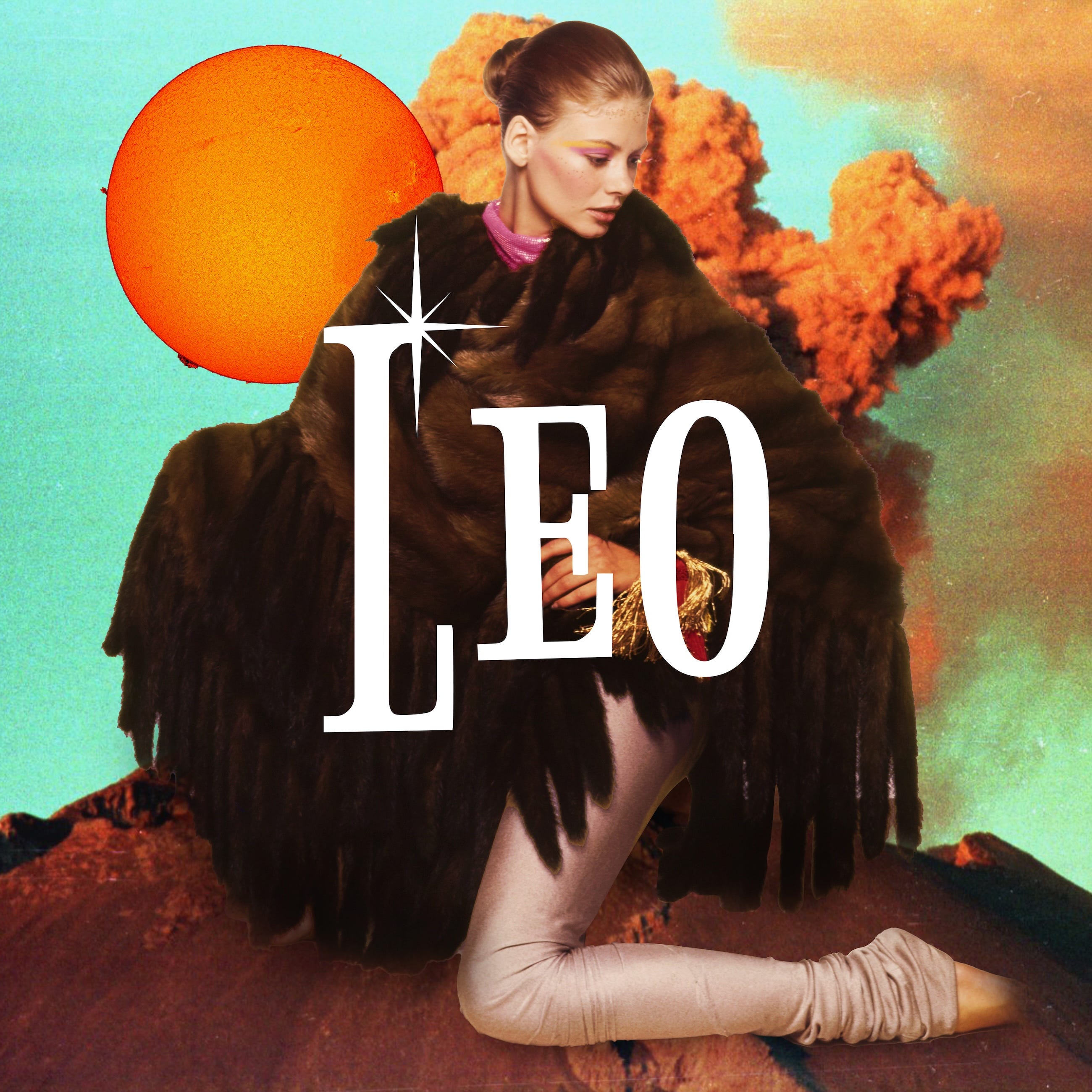 Fashion model wearing a fur cape with a bold sun backdrop. Fashion model wearing a fur cape with a bold sun backdrop.