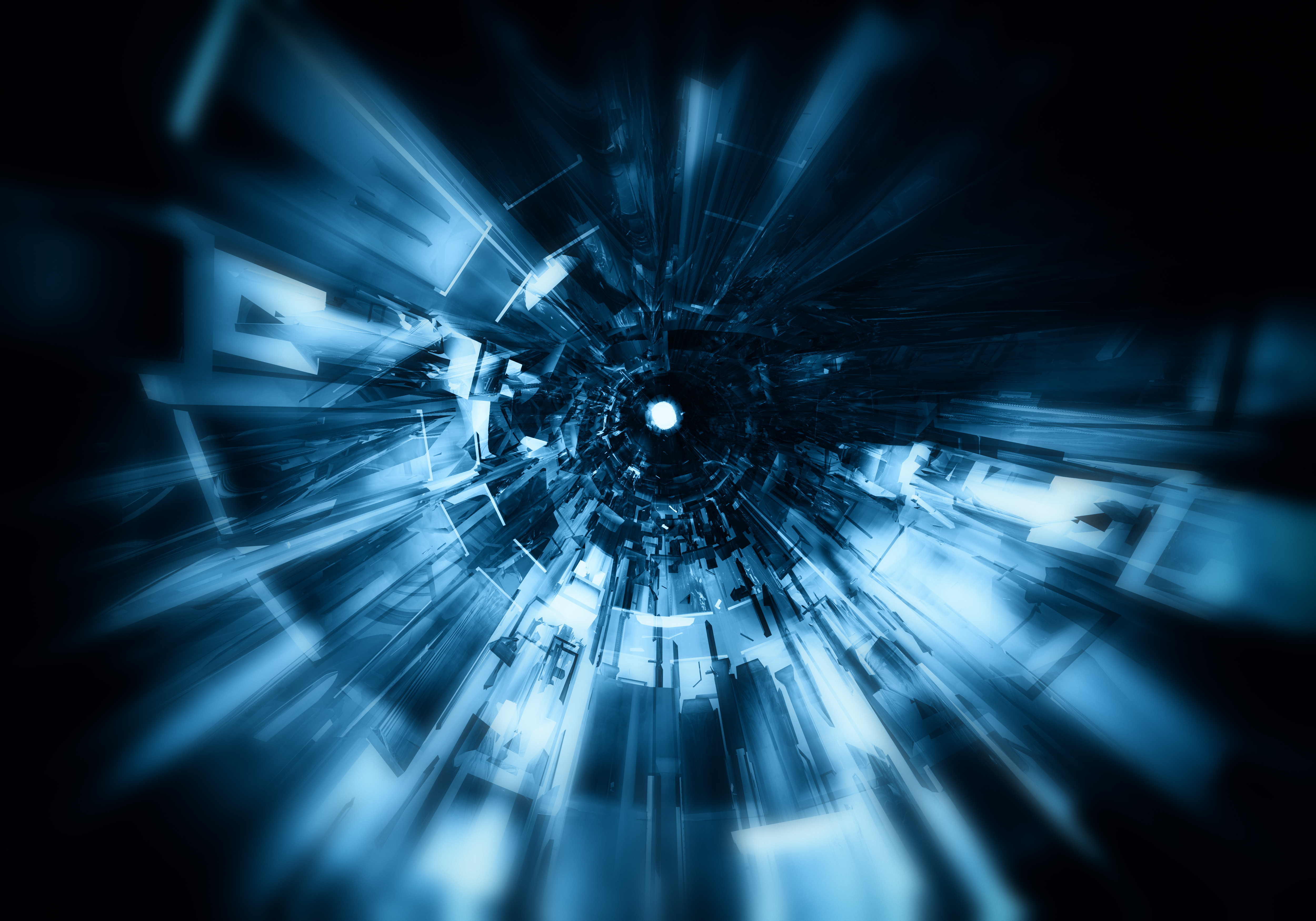Abstract digital artwork of a blue tunnel with bright light at the center, surrounded by translucent geometric shapes and streaks, creating a sense of motion and depth.